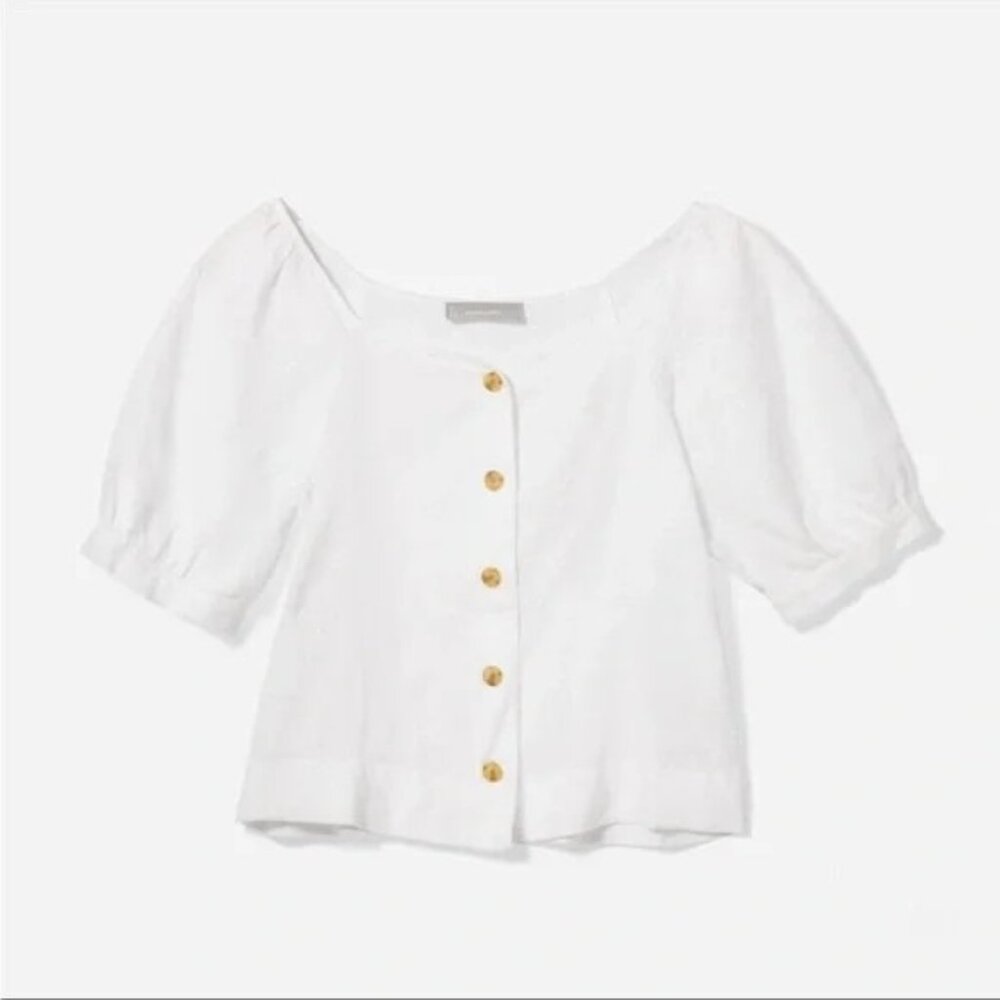 Everlane The Linen Puff Short Sleeve Button Front Loose Fit Top Size 10 NWT